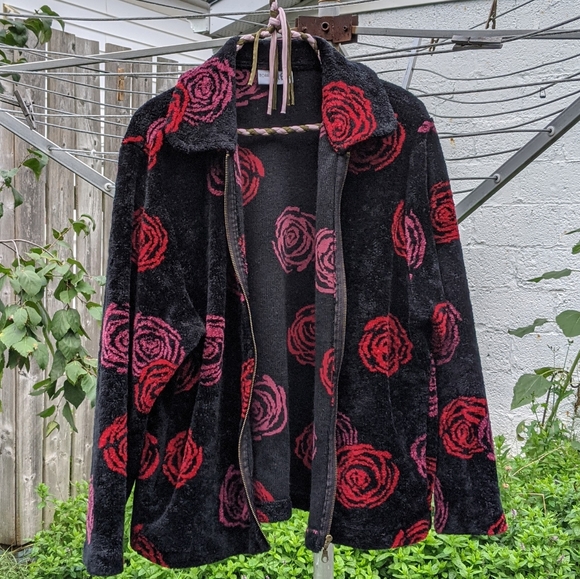 Vintage Plush Rose Print Sweater Jacket - Picture 2 of 6